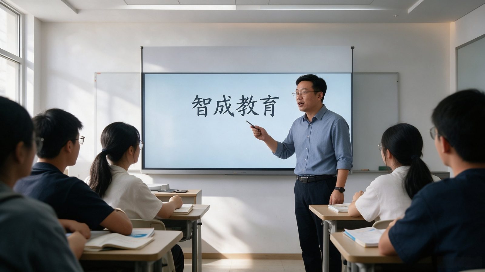 智成教育的课堂上，老师正在讲解，学生在座位上记录