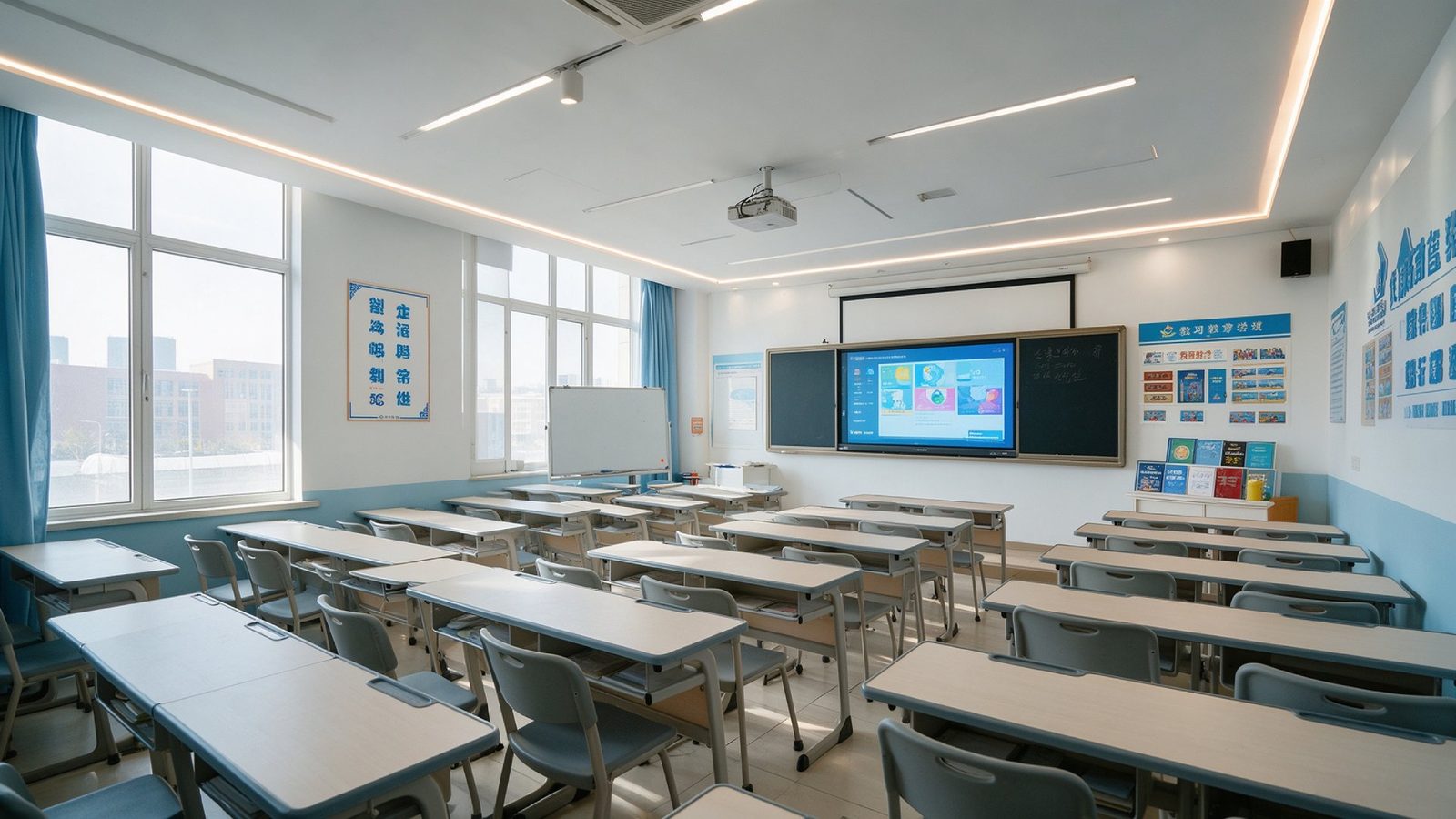 智成教育教学区环境，独立教室配投影与白板