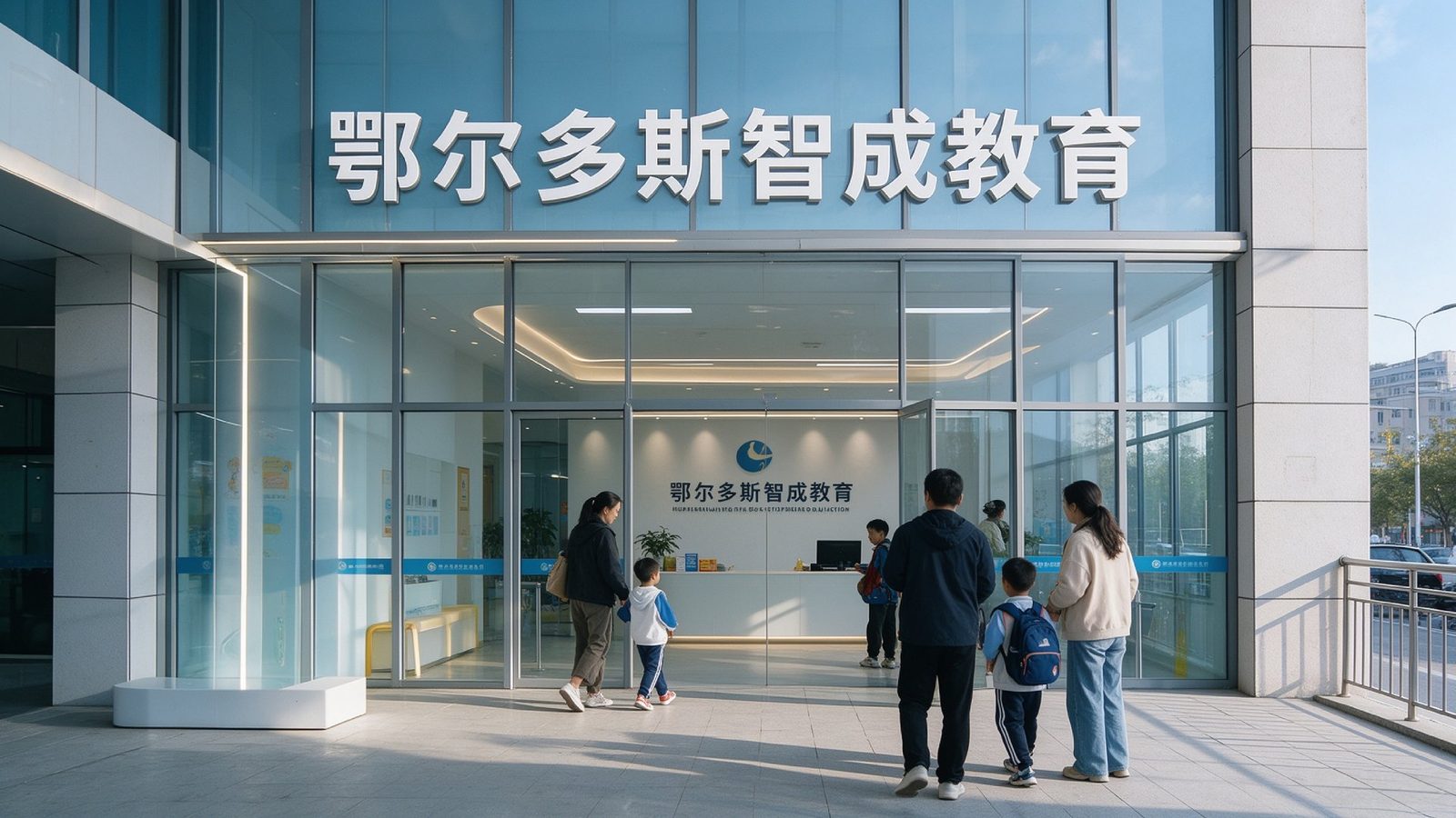 鄂尔多斯智成教育校区入口，临街玻璃门面与前台